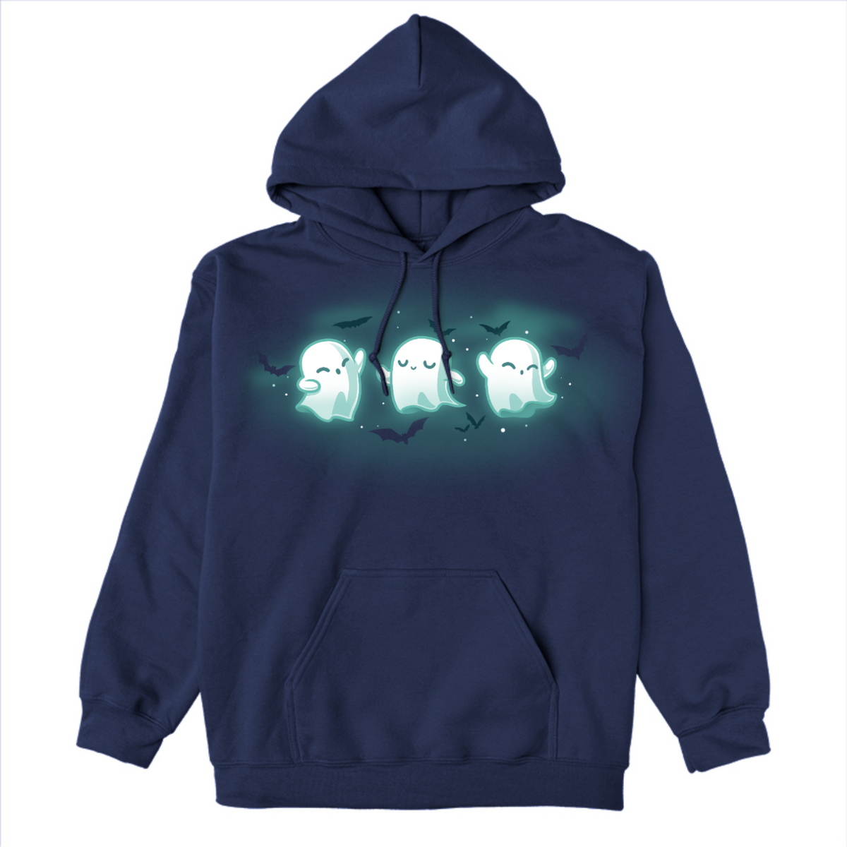 Pullover Hoodie_TeeTurtle navy Spooky Boo-gie Pullover Hoodie featuring three glowing white ghosts dancing together while black bats fly around them.