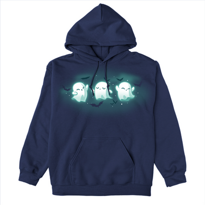 Pullover Hoodie_TeeTurtle navy Spooky Boo-gie Pullover Hoodie featuring three glowing white ghosts dancing together while black bats fly around them.