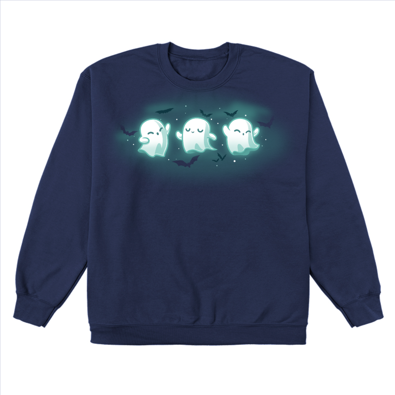 Crew Neck Sweatshirt_TeeTurtle navy Spooky Boo-gie Crew Neck Sweatshirt featuring three glowing white ghosts dancing together while black bats fly around them.