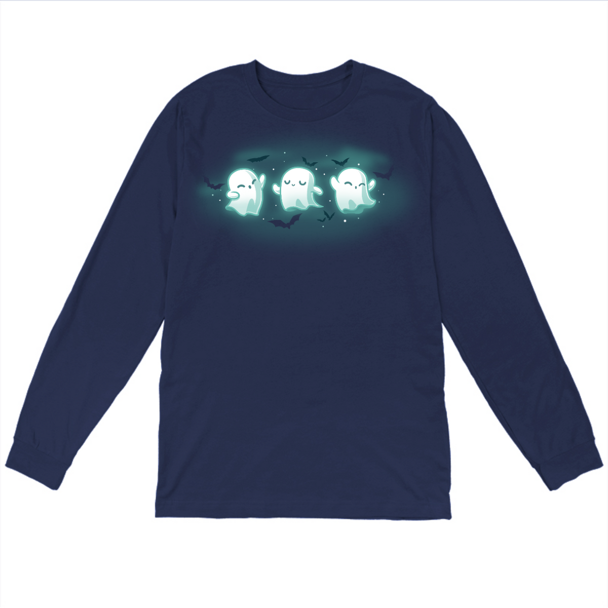 Long Sleeve T-shirt_TeeTurtle navy Spooky Boo-gie Long Sleeve T-shirt featuring three glowing white ghosts dancing together while black bats fly around them.