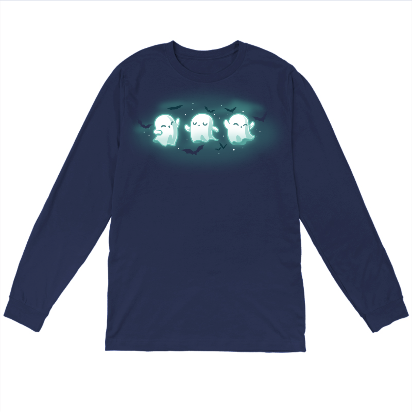 Long Sleeve T-shirt_TeeTurtle navy Spooky Boo-gie Long Sleeve T-shirt featuring three glowing white ghosts dancing together while black bats fly around them.