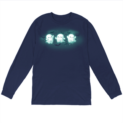 Long Sleeve T-shirt_TeeTurtle navy Spooky Boo-gie Long Sleeve T-shirt featuring three glowing white ghosts dancing together while black bats fly around them.