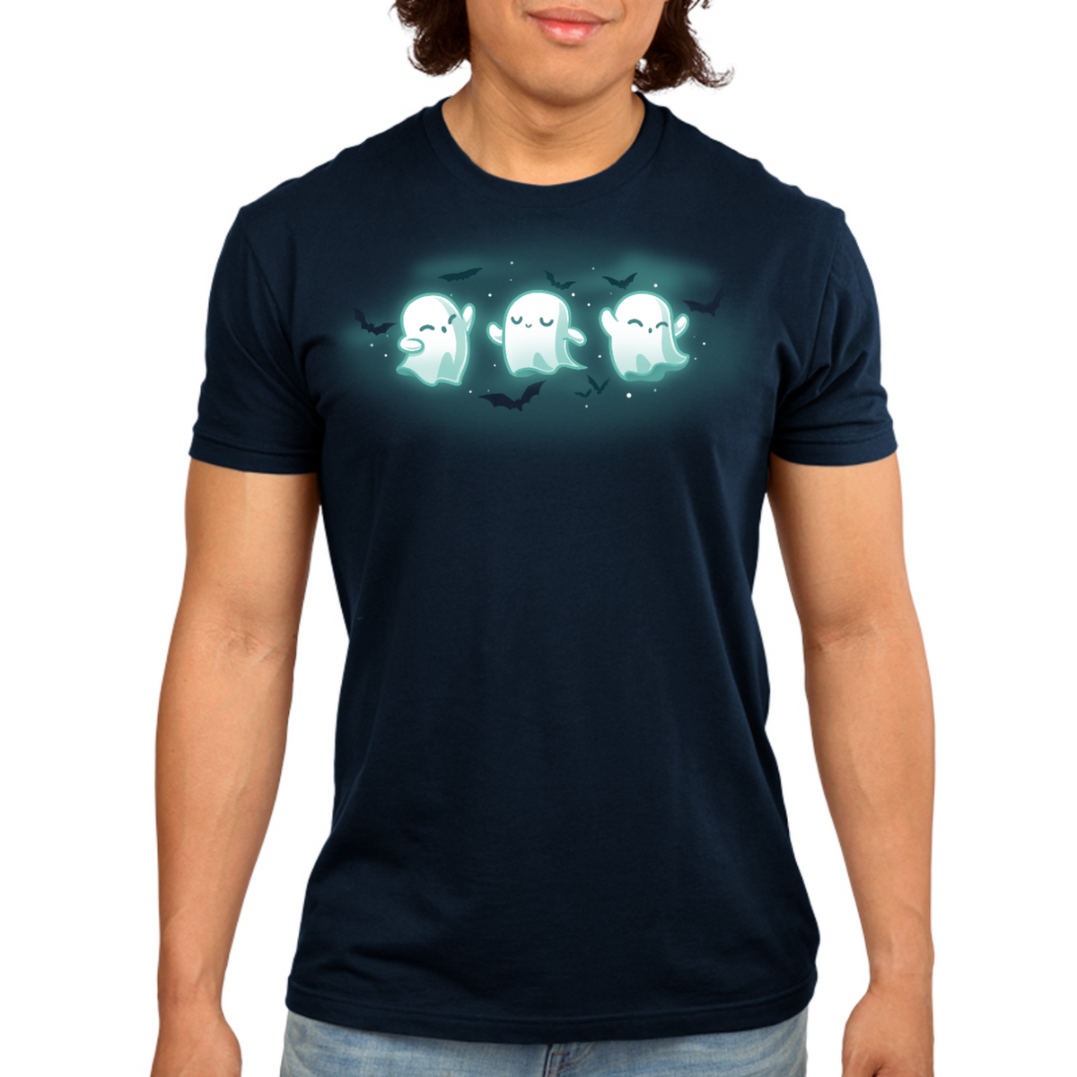 Men's Premium T-shirt_TeeTurtle navy Spooky Boo-gie Men's Premium T-shirt featuring three glowing white ghosts dancing together while black bats fly around them.