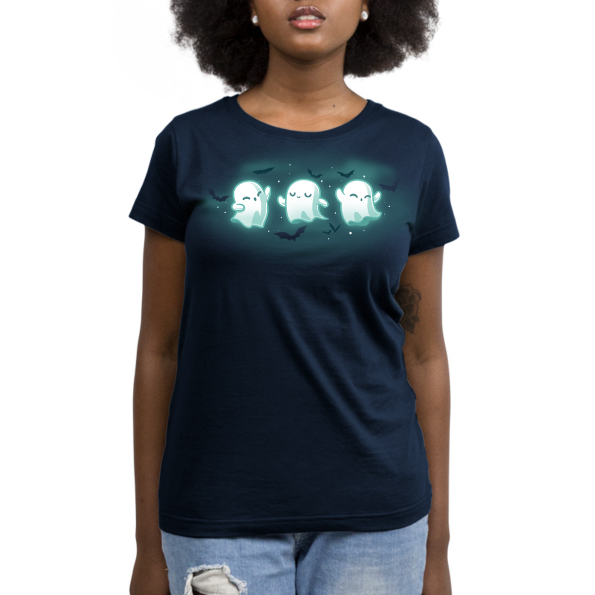 Women's Premium T-shirt_TeeTurtle navy Spooky Boo-gie Women's Premium T-shirt featuring three glowing white ghosts dancing together while black bats fly around them.