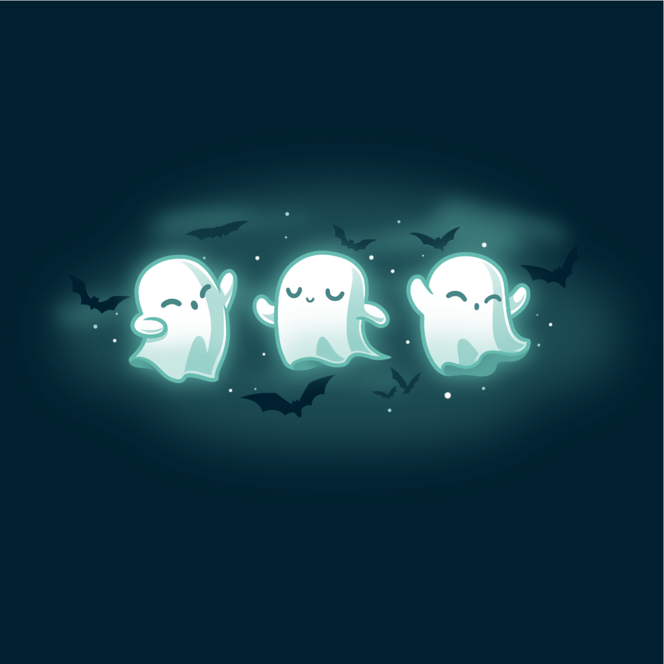 Women's Premium T-shirt_TeeTurtle navy Spooky Boo-gie Women's Premium T-shirt featuring three glowing white ghosts dancing together while black bats fly around them.