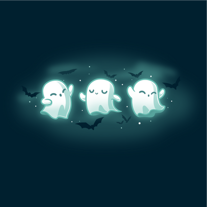 Women's Premium T-shirt_TeeTurtle navy Spooky Boo-gie Women's Premium T-shirt featuring three glowing white ghosts dancing together while black bats fly around them.