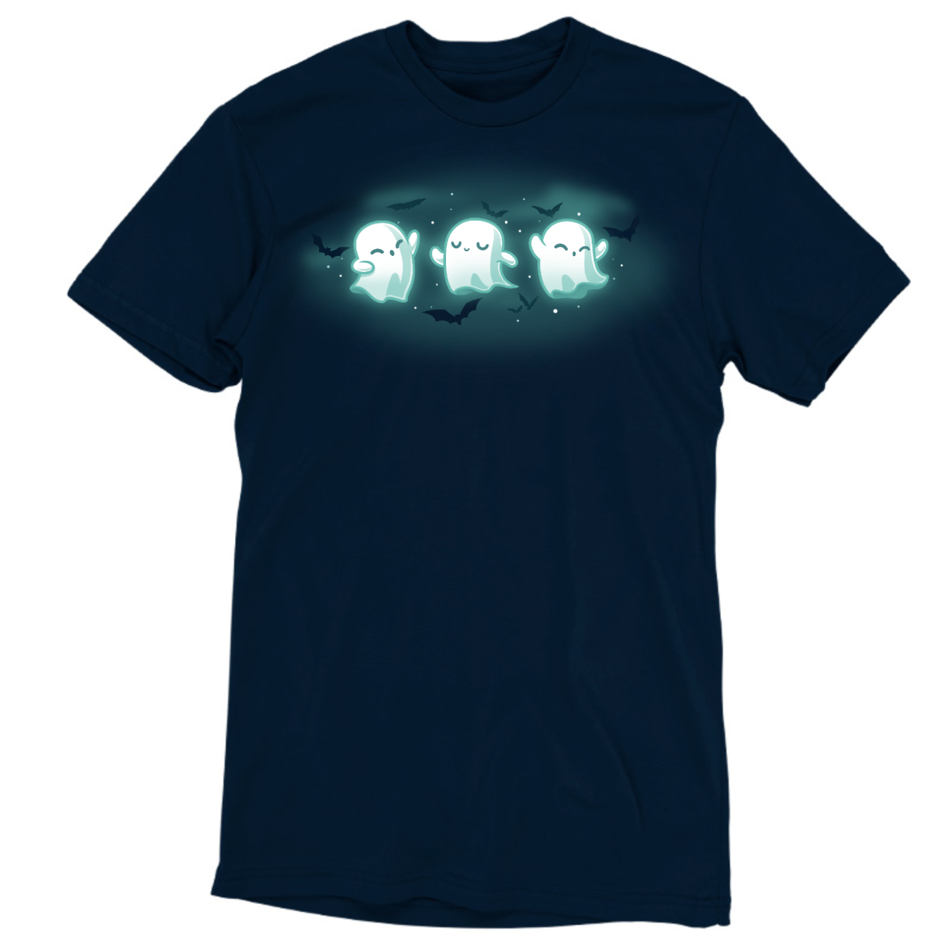 Men's Premium T-shirt_TeeTurtle navy Spooky Boo-gie Men's Premium T-shirt featuring three glowing white ghosts dancing together while black bats fly around them.