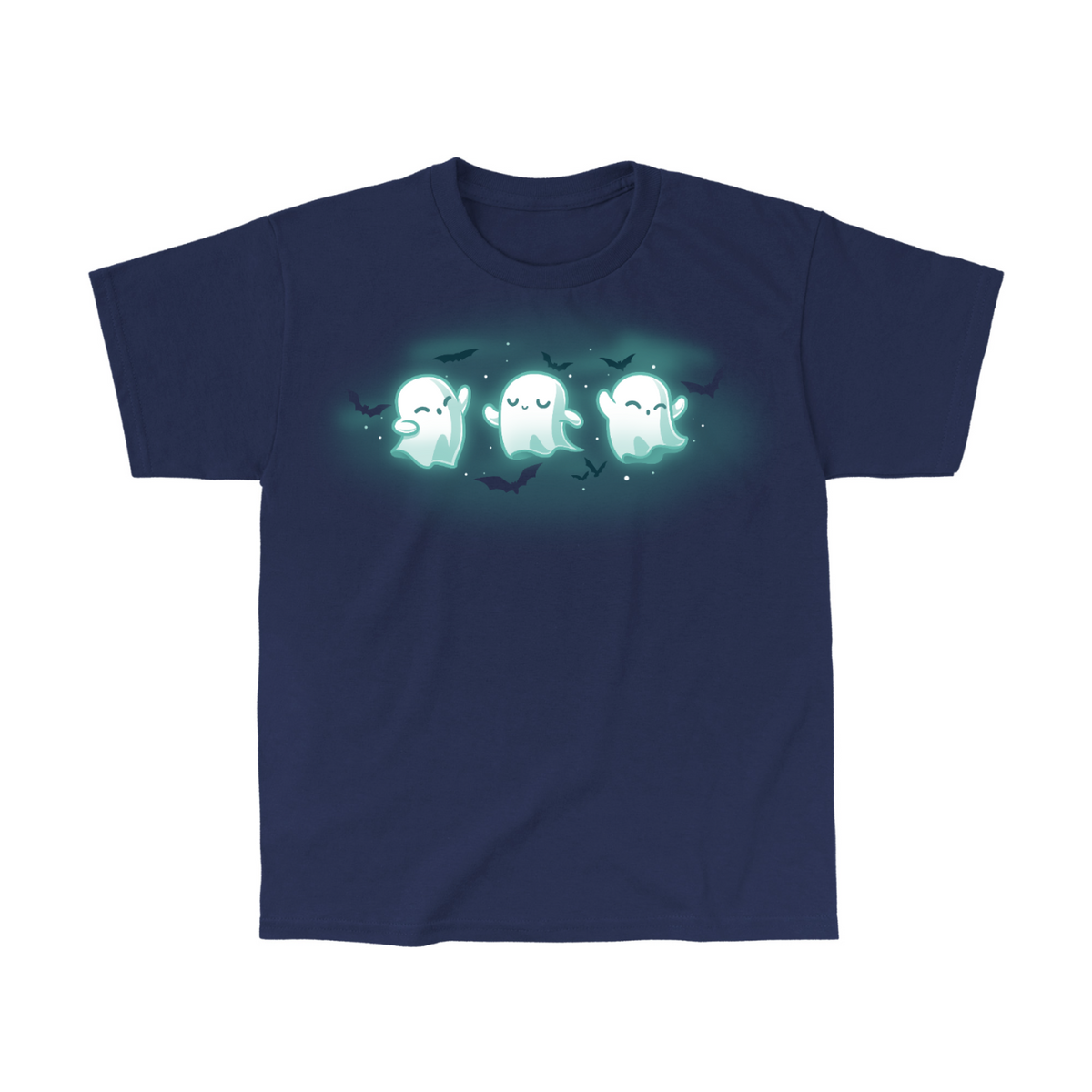 Kids' Classic T-shirt_TeeTurtle navy Spooky Boo-gie Kids' Classic T-shirt featuring three glowing white ghosts dancing together while black bats fly around them.