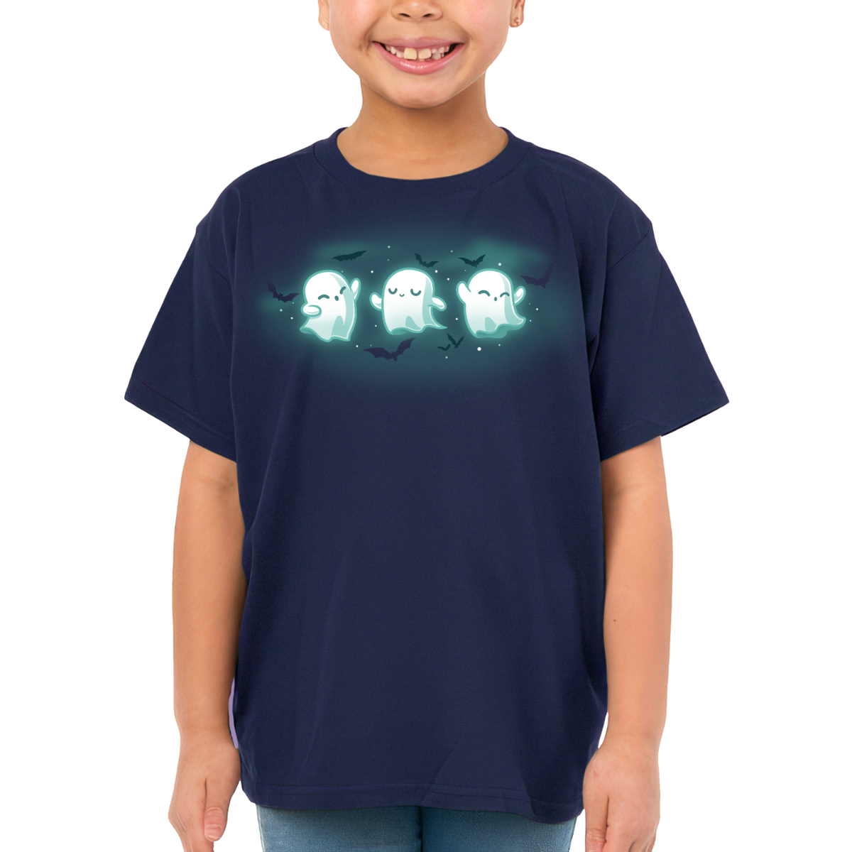Kids' Classic T-shirt_TeeTurtle navy Spooky Boo-gie Kids' Classic T-shirt featuring three glowing white ghosts dancing together while black bats fly around them.