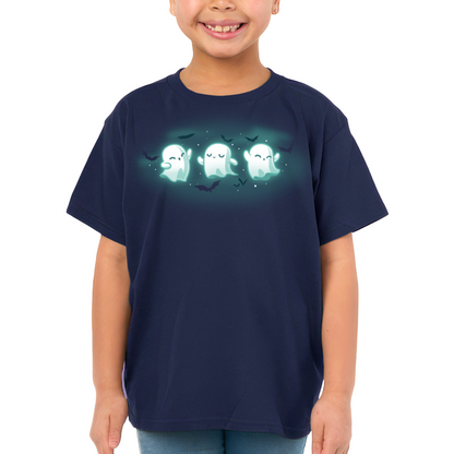Kids' Classic T-shirt_TeeTurtle navy Spooky Boo-gie Kids' Classic T-shirt featuring three glowing white ghosts dancing together while black bats fly around them.
