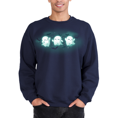 Crew Neck Sweatshirt_TeeTurtle navy Spooky Boo-gie Crew Neck Sweatshirt featuring three glowing white ghosts dancing together while black bats fly around them.