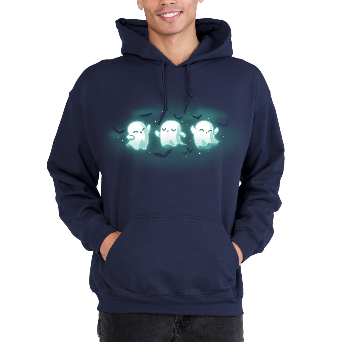 Pullover Hoodie_TeeTurtle navy Spooky Boo-gie Pullover Hoodie featuring three glowing white ghosts dancing together while black bats fly around them.