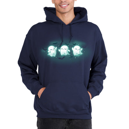 Pullover Hoodie_TeeTurtle navy Spooky Boo-gie Pullover Hoodie featuring three glowing white ghosts dancing together while black bats fly around them.