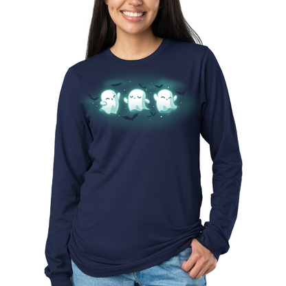 Long Sleeve T-shirt_TeeTurtle navy Spooky Boo-gie Long Sleeve T-shirt featuring three glowing white ghosts dancing together while black bats fly around them.