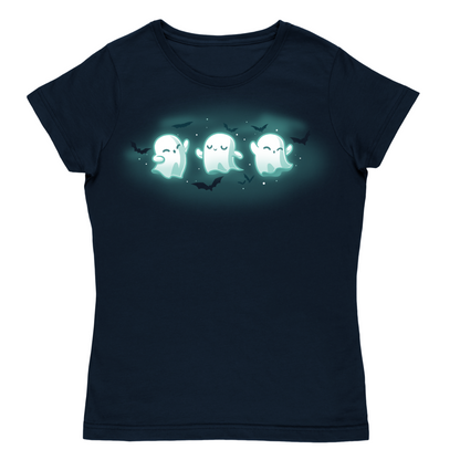Women's Premium T-shirt_TeeTurtle navy Spooky Boo-gie Women's Premium T-shirt featuring three glowing white ghosts dancing together while black bats fly around them.