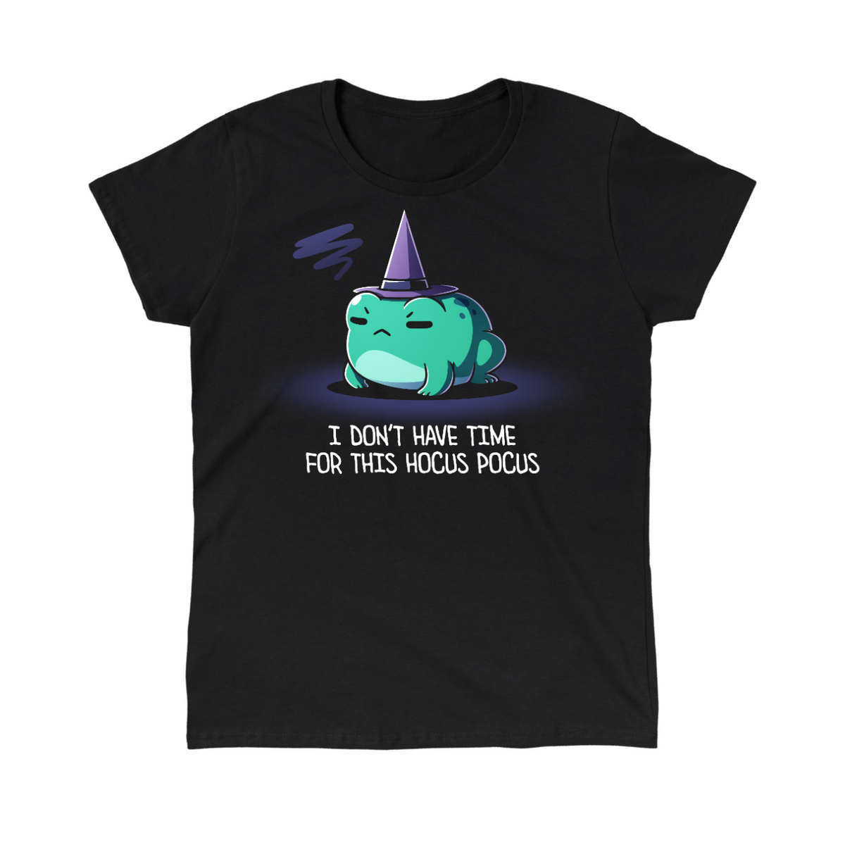 Women's Premium T-shirt_TeeTurtle black I Don't Have Time For This Hocus Pocus Women's Premium T-shirt featuring a grumpy teal frog wearing a purple witch hat with the text "I Don't Have Time For This Hocus Pocus."