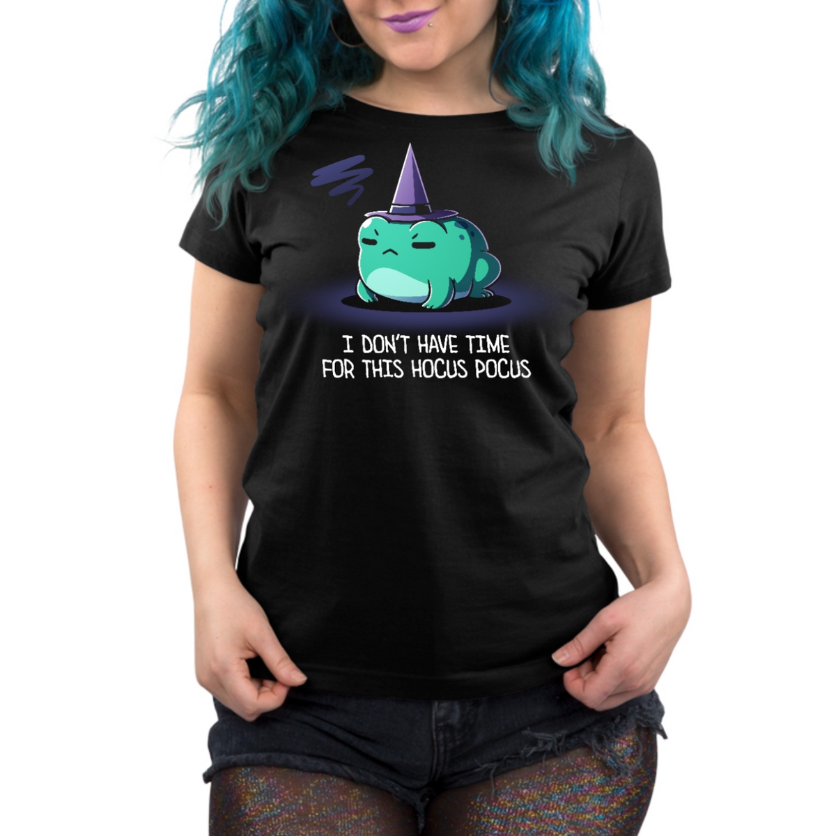Women's Premium T-shirt_TeeTurtle black I Don't Have Time For This Hocus Pocus Women's Premium T-shirt featuring a grumpy teal frog wearing a purple witch hat with the text "I Don't Have Time For This Hocus Pocus."