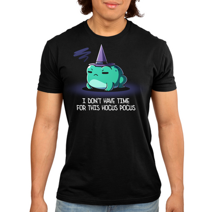 Men's Premium T-shirt_TeeTurtle black I Don't Have Time For This Hocus Pocus Men's Premium T-shirt featuring a grumpy teal frog wearing a purple witch hat with the text "I Don't Have Time For This Hocus Pocus."