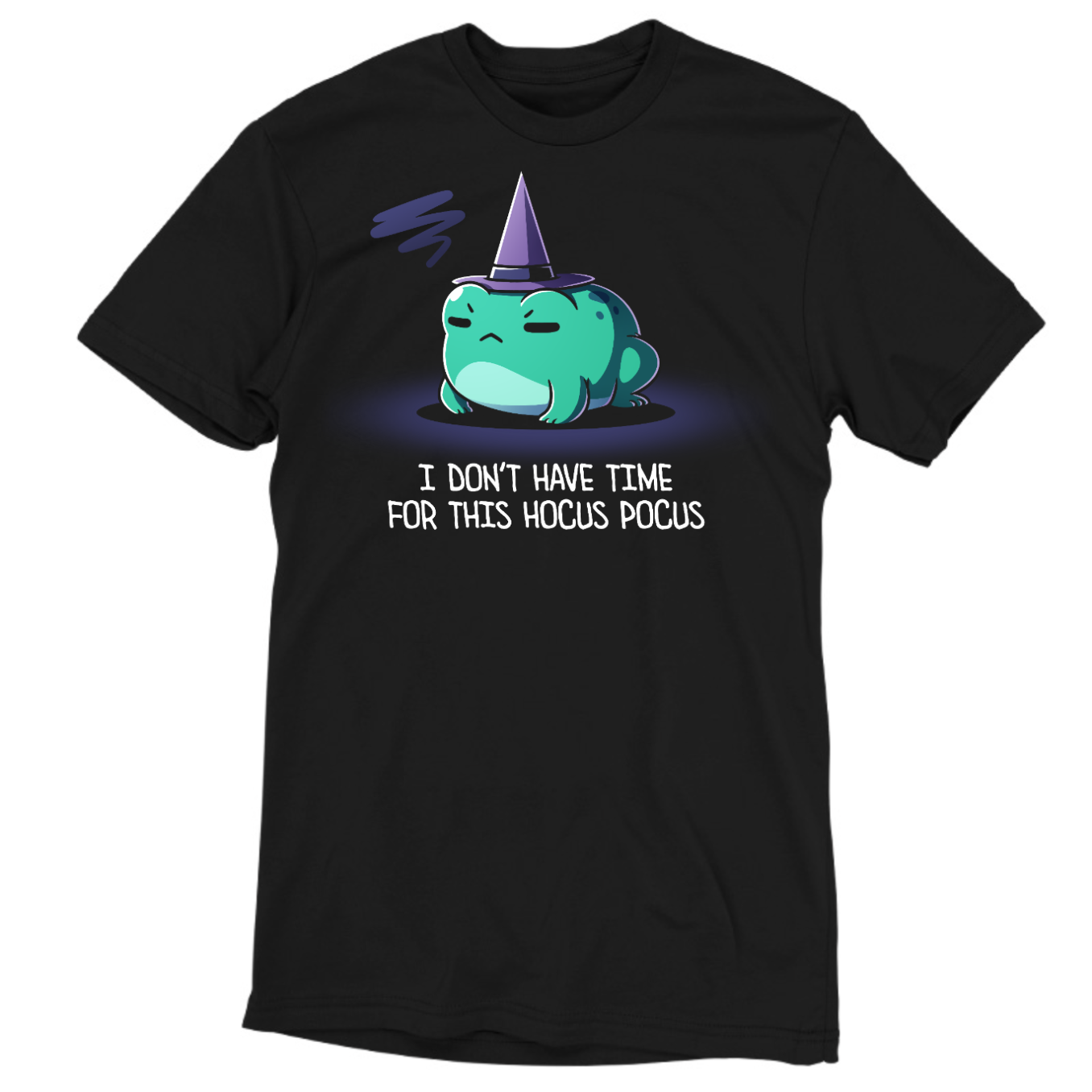 Men's Premium T-shirt_TeeTurtle black I Don't Have Time For This Hocus Pocus Men's Premium T-shirt featuring a grumpy teal frog wearing a purple witch hat with the text "I Don't Have Time For This Hocus Pocus."