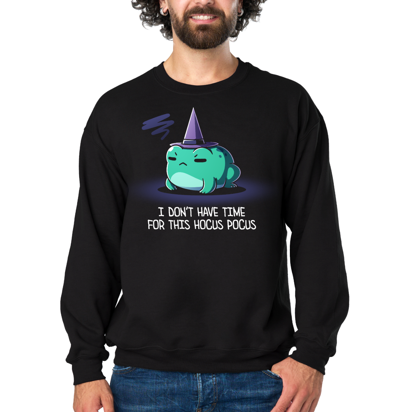Crew Neck Sweatshirt_TeeTurtle black I Don't Have Time For This Hocus Pocus Crew Neck Sweatshirt featuring a grumpy teal frog wearing a purple witch hat with the text "I Don't Have Time For This Hocus Pocus."
