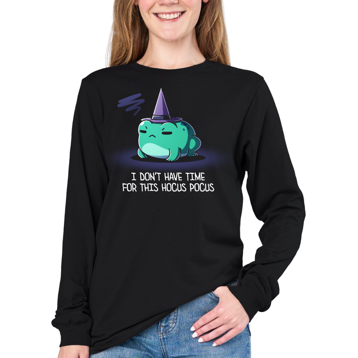 Long Sleeve T-shirt_TeeTurtle black I Don't Have Time For This Hocus Pocus Long Sleeve T-shirt featuring a grumpy teal frog wearing a purple witch hat with the text "I Don't Have Time For This Hocus Pocus."