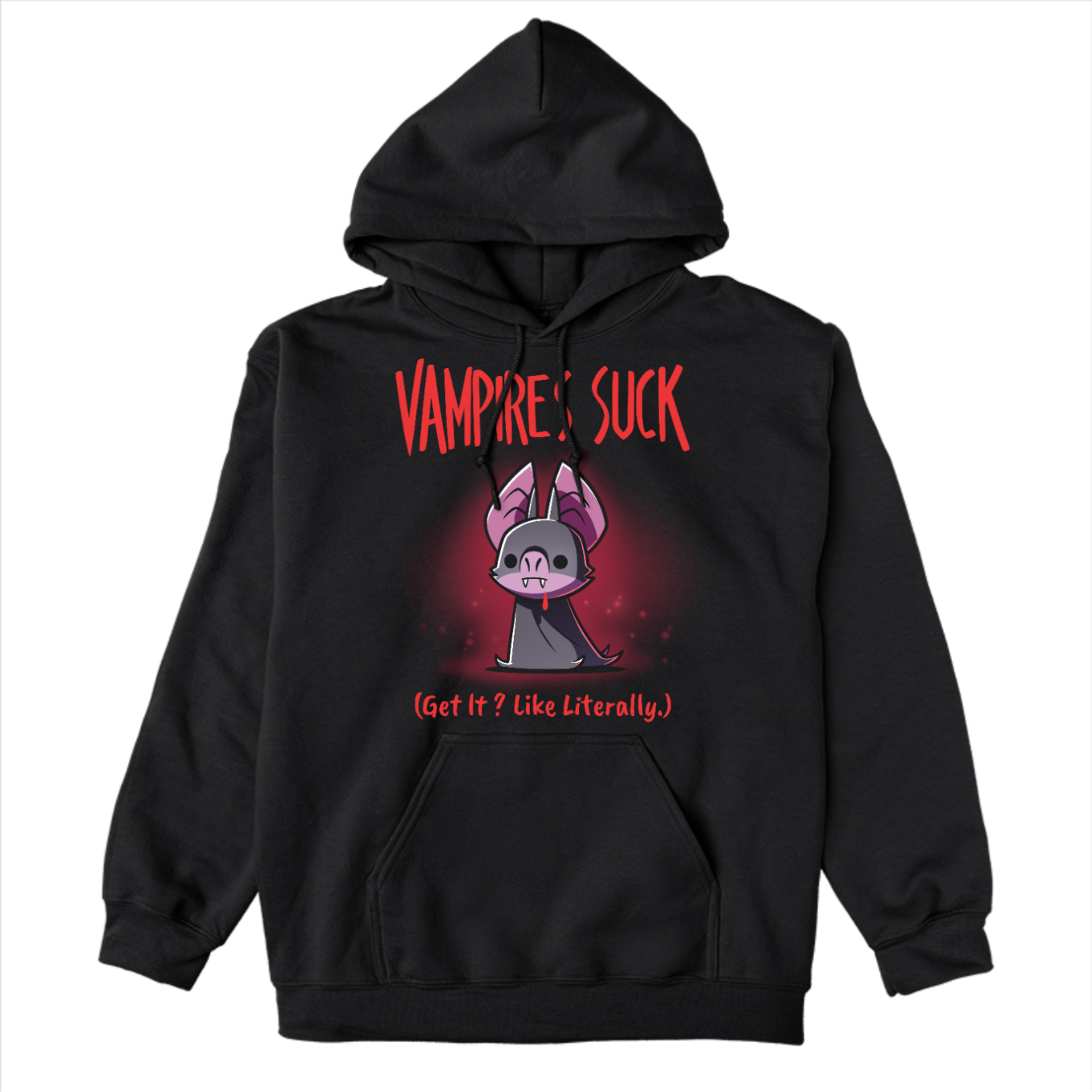 Pullover Hoodie_TeeTurtle black Vampires Suck Pullover Hoodie featuring a cute purple vampire bat with tiny fangs and a dark cape beneath the text "Vampires Suck" and the phrase "(Get It? Like Literally.)."