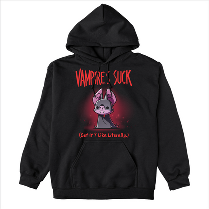 Pullover Hoodie_TeeTurtle black Vampires Suck Pullover Hoodie featuring a cute purple vampire bat with tiny fangs and a dark cape beneath the text "Vampires Suck" and the phrase "(Get It? Like Literally.)."