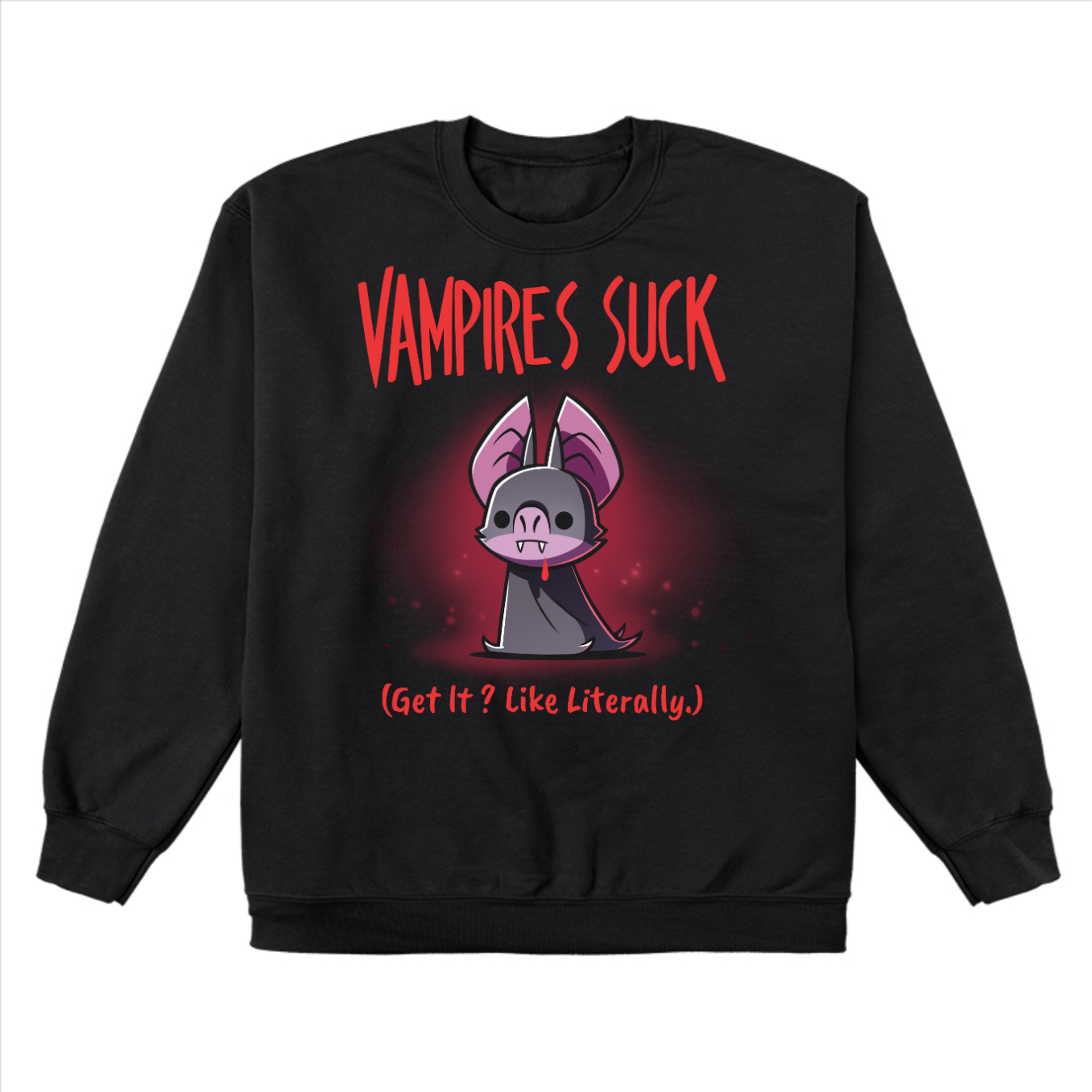 Crew Neck Sweatshirt_TeeTurtle black Vampires Suck Crew Neck Sweatshirt featuring a cute purple vampire bat with tiny fangs and a dark cape beneath the text "Vampires Suck" and the phrase "(Get It? Like Literally.)."