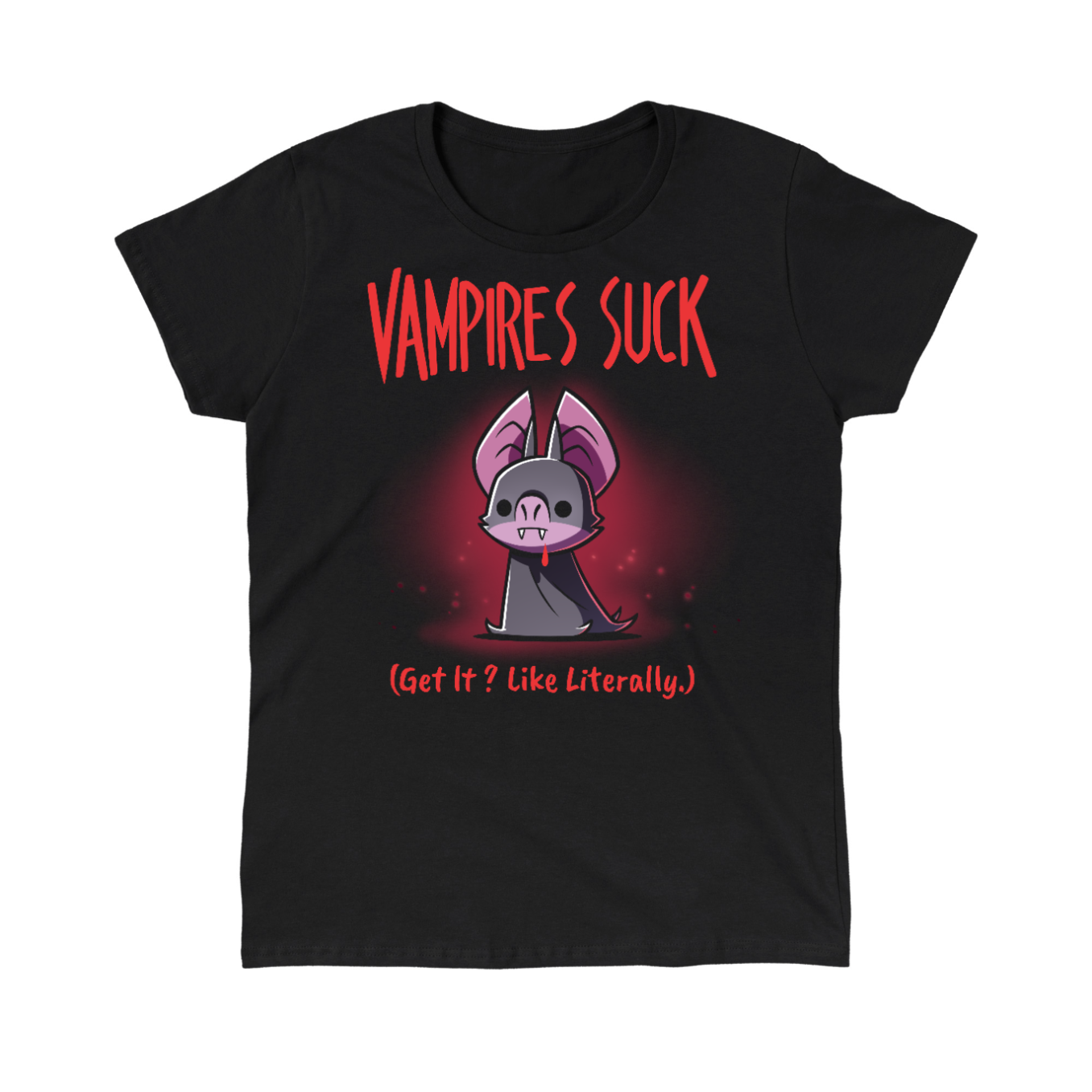 Women's Premium T-shirt_TeeTurtle black Vampires Suck Women's Premium T-shirt featuring a cute purple vampire bat with tiny fangs and a dark cape beneath the text "Vampires Suck" and the phrase "(Get It? Like Literally.)."