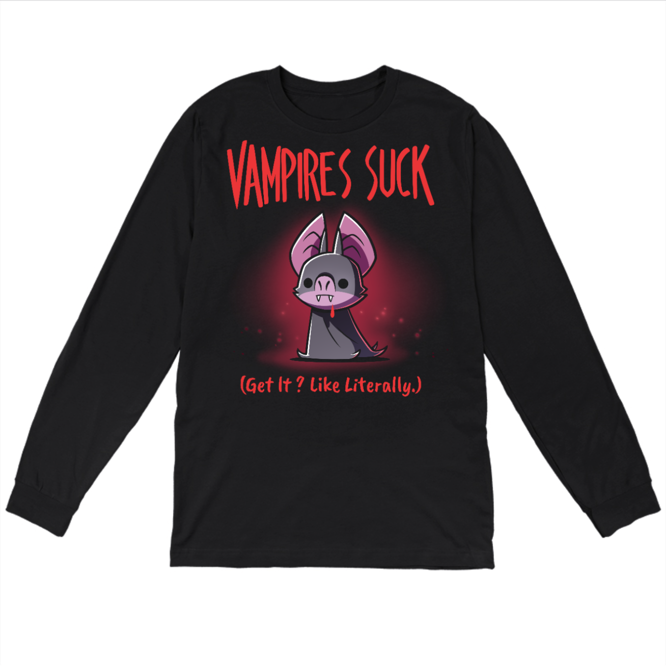 Long Sleeve T-shirt_TeeTurtle black Vampires Suck Long Sleeve T-Shirt featuring a cute purple vampire bat with tiny fangs and a dark cape beneath the text "Vampires Suck" and the phrase "(Get It? Like Literally.)."