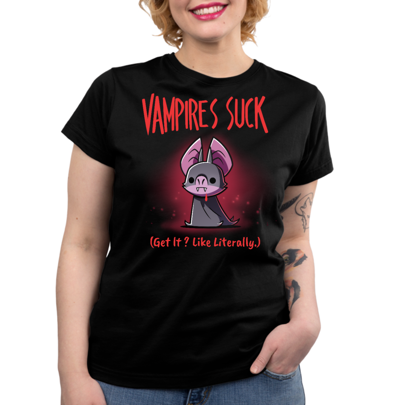 Women's Premium T-shirt_TeeTurtle black Vampires Suck Women's Premium T-shirt featuring a cute purple vampire bat with tiny fangs and a dark cape beneath the text "Vampires Suck" and the phrase "(Get It? Like Literally.)."