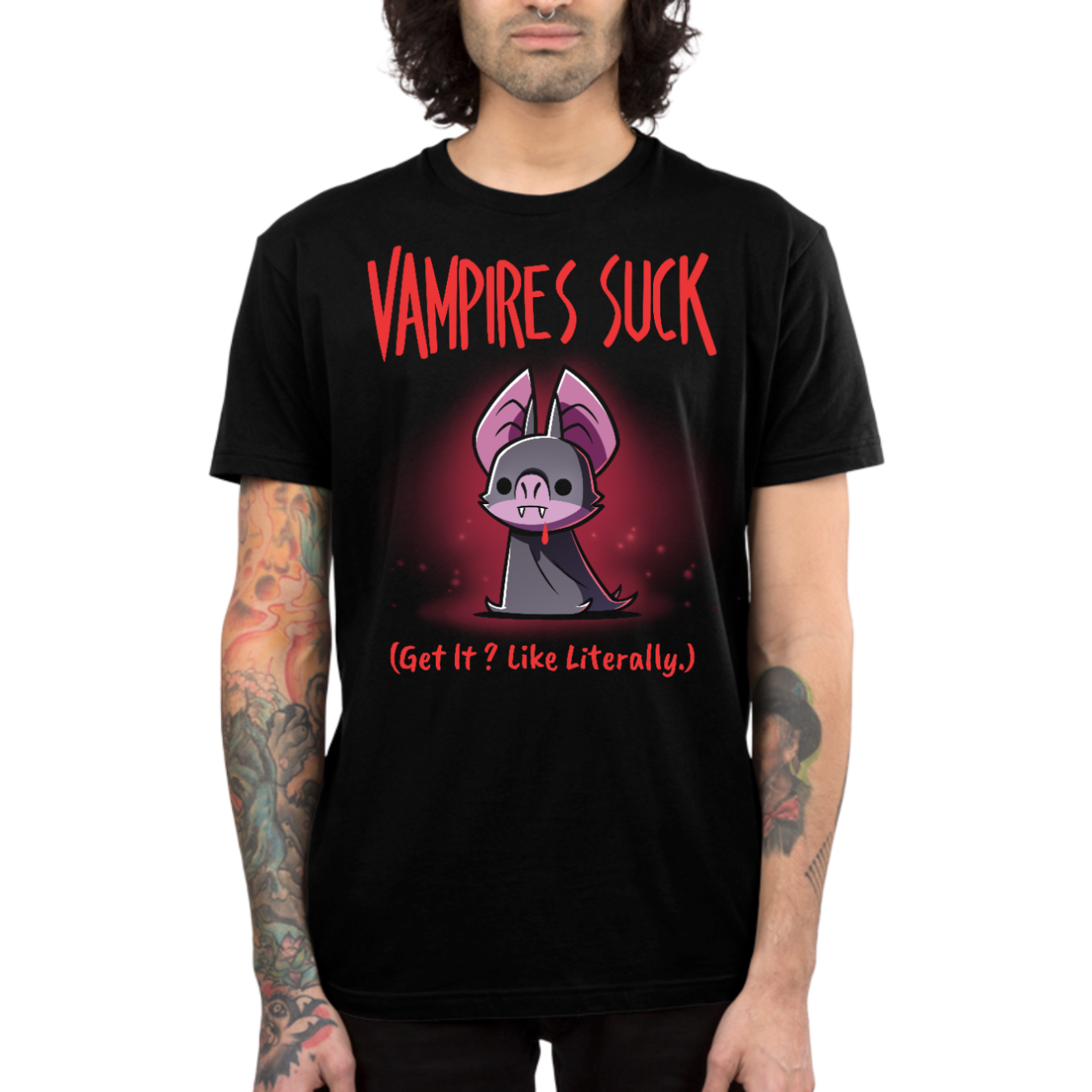 Men's Premium T-shirt_TeeTurtle black Vampires Suck Men's Premium T-shirt featuring a cute purple vampire bat with tiny fangs and a dark cape beneath the text "Vampires Suck" and the phrase "(Get It? Like Literally.)."