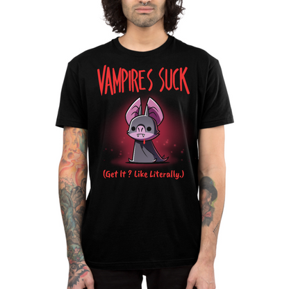 Men's Premium T-shirt_TeeTurtle black Vampires Suck Men's Premium T-shirt featuring a cute purple vampire bat with tiny fangs and a dark cape beneath the text "Vampires Suck" and the phrase "(Get It? Like Literally.)."