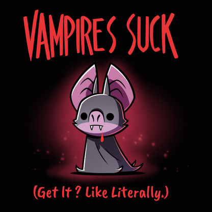 Long Sleeve T-shirt_TeeTurtle black Vampires Suck Long Sleeve T-Shirt featuring a cute purple vampire bat with tiny fangs and a dark cape beneath the text "Vampires Suck" and the phrase "(Get It? Like Literally.)."