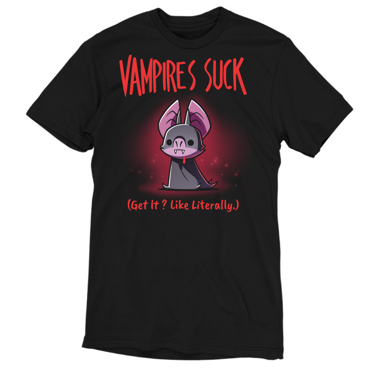 Men's Premium T-shirt_TeeTurtle black Vampires Suck Men's Premium T-shirt featuring a cute purple vampire bat with tiny fangs and a dark cape beneath the text "Vampires Suck" and the phrase "(Get It? Like Literally.)."