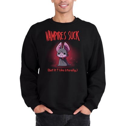 Crew Neck Sweatshirt_TeeTurtle black Vampires Suck Crew Neck Sweatshirt featuring a cute purple vampire bat with tiny fangs and a dark cape beneath the text "Vampires Suck" and the phrase "(Get It? Like Literally.)."