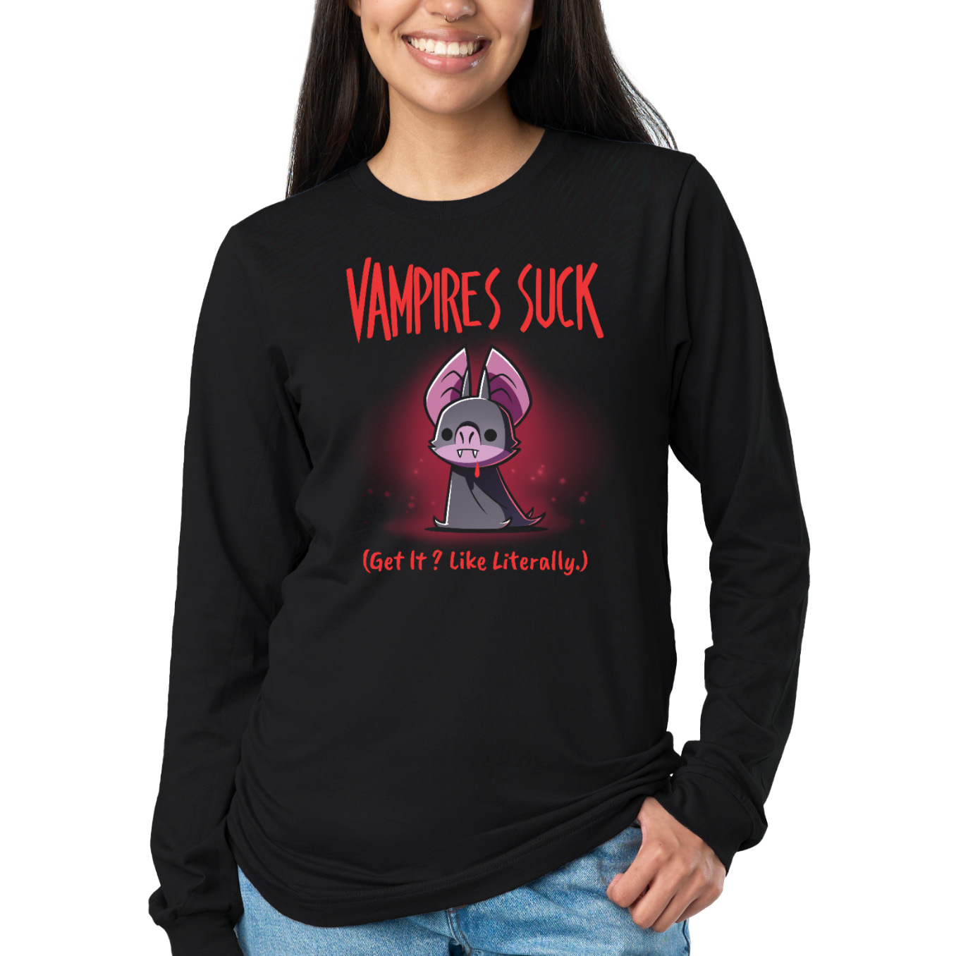 Long Sleeve T-shirt_TeeTurtle black Vampires Suck Long Sleeve T-Shirt featuring a cute purple vampire bat with tiny fangs and a dark cape beneath the text "Vampires Suck" and the phrase "(Get It? Like Literally.)."
