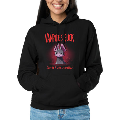 Pullover Hoodie_TeeTurtle black Vampires Suck Pullover Hoodie featuring a cute purple vampire bat with tiny fangs and a dark cape beneath the text "Vampires Suck" and the phrase "(Get It? Like Literally.)."