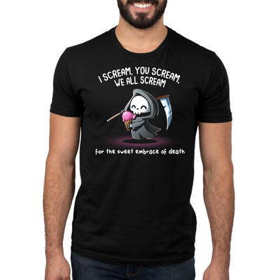 Men's Premium T-shirt_TeeTurtle black I Scream, You Scream Men's Premium T-shirt featuring a cute grim reaper holding a pink ice cream cone beside a scythe with the text "I Scream, You Scream, We All Scream" and "for the sweet embrace of death."