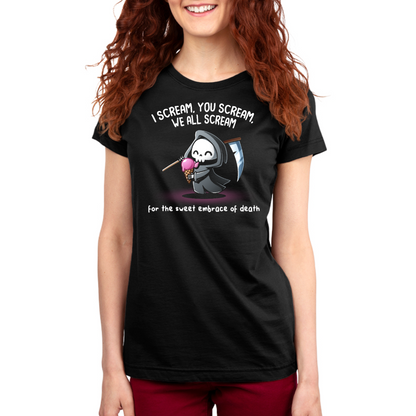 Women's Premium T-shirt_TeeTurtle black I Scream, You Scream Women's Premium T-shirt featuring a cute grim reaper holding a pink ice cream cone beside a scythe with the text "I Scream, You Scream, We All Scream" and "for the sweet embrace of death."