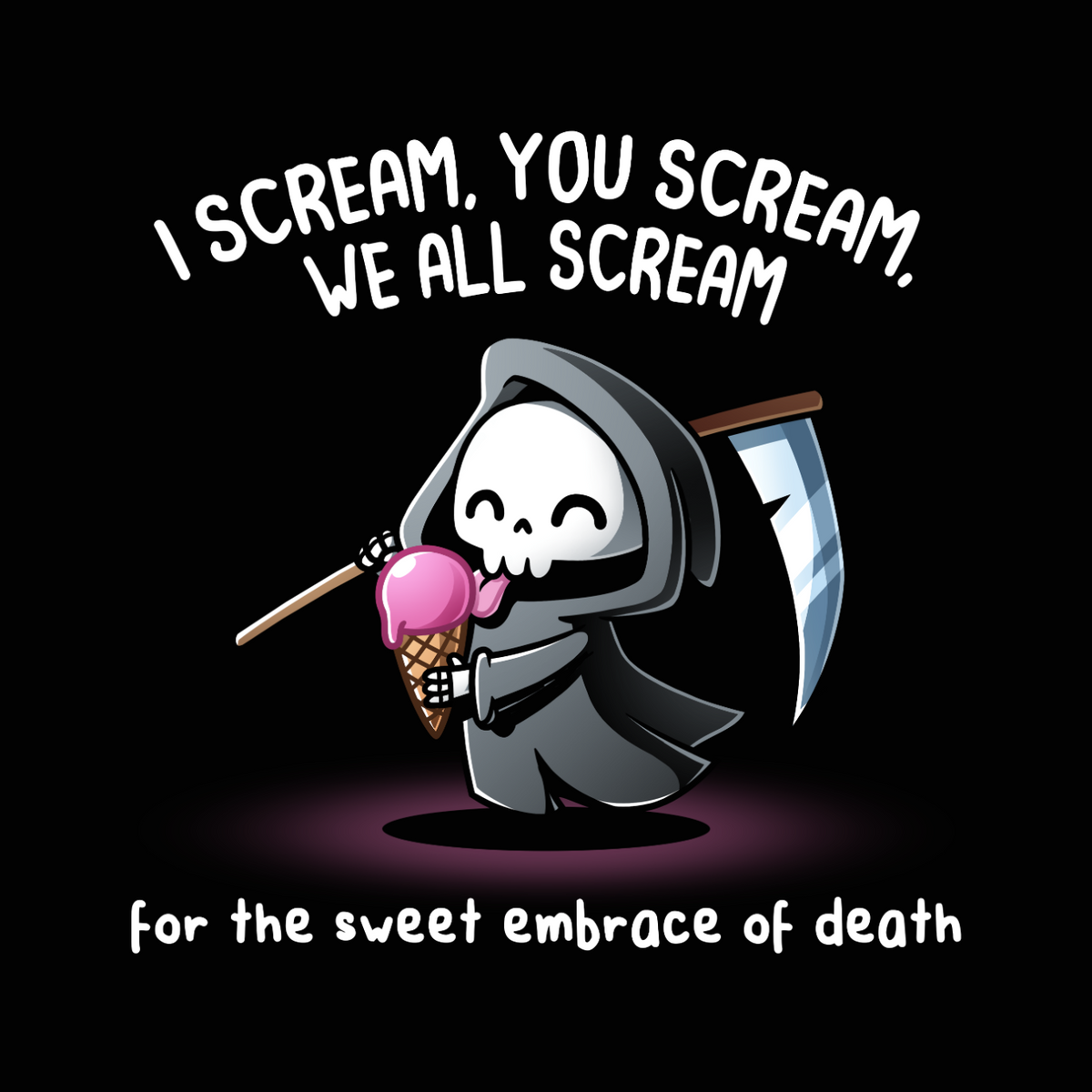 Women's Premium T-shirt_TeeTurtle black I Scream, You Scream Women's Premium T-shirt featuring a cute grim reaper holding a pink ice cream cone beside a scythe with the text "I Scream, You Scream, We All Scream" and "for the sweet embrace of death."