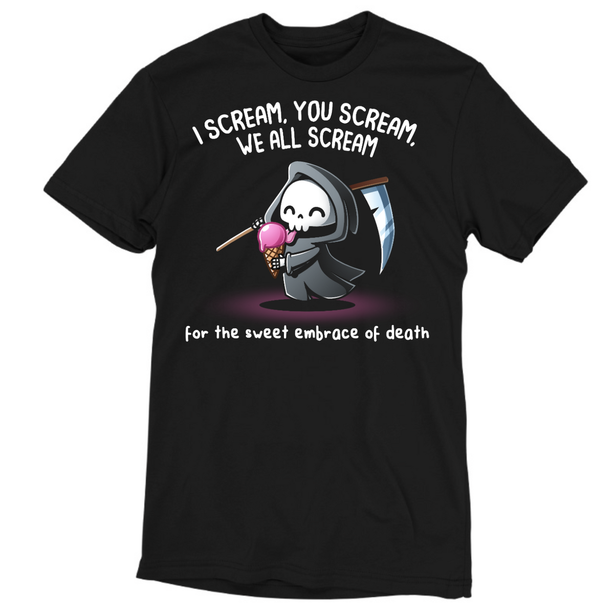 Men's Premium T-shirt_TeeTurtle black I Scream, You Scream Men's Premium T-shirt featuring a cute grim reaper holding a pink ice cream cone beside a scythe with the text "I Scream, You Scream, We All Scream" and "for the sweet embrace of death."