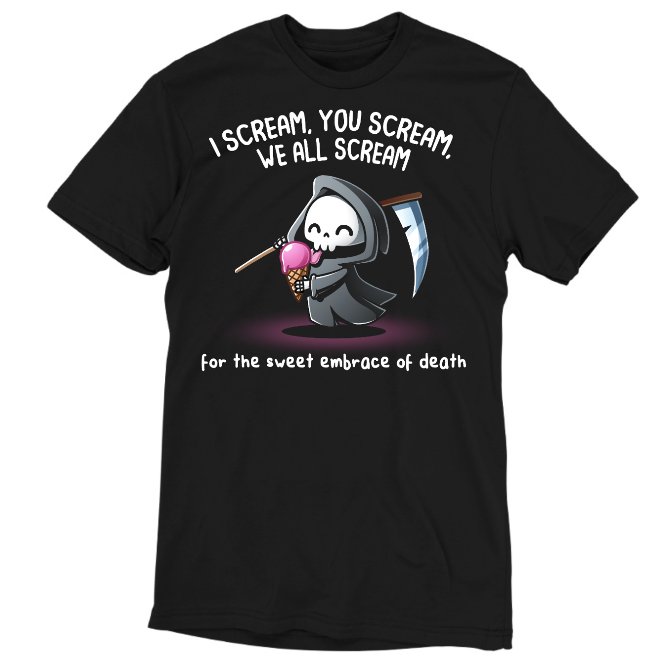 Men's Premium T-shirt_TeeTurtle black I Scream, You Scream Men's Premium T-shirt featuring a cute grim reaper holding a pink ice cream cone beside a scythe with the text "I Scream, You Scream, We All Scream" and "for the sweet embrace of death."