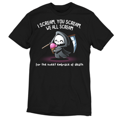 Men's Premium T-shirt_TeeTurtle black I Scream, You Scream Men's Premium T-shirt featuring a cute grim reaper holding a pink ice cream cone beside a scythe with the text "I Scream, You Scream, We All Scream" and "for the sweet embrace of death."