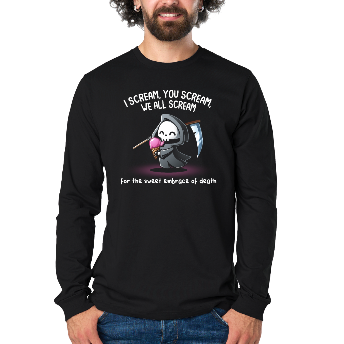 Long Sleeve T-shirt_TeeTurtle black I Scream, You Scream Long Sleeve T-shirt featuring a cute grim reaper holding a pink ice cream cone beside a scythe with the text "I Scream, You Scream, We All Scream" and "for the sweet embrace of death."