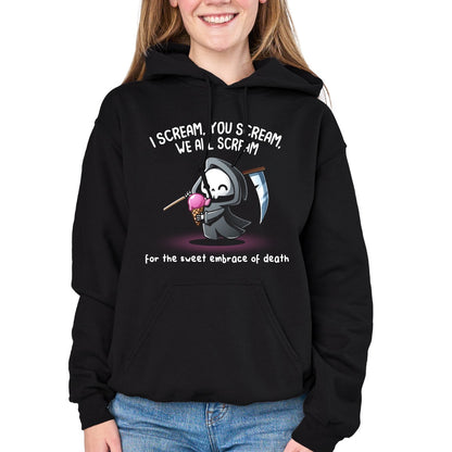 Pullover Hoodie_TeeTurtle black I Scream, You Scream Pullover Hoodie featuring a cute grim reaper holding a pink ice cream cone beside a scythe with the text "I Scream, You Scream, We All Scream" and "for the sweet embrace of death."