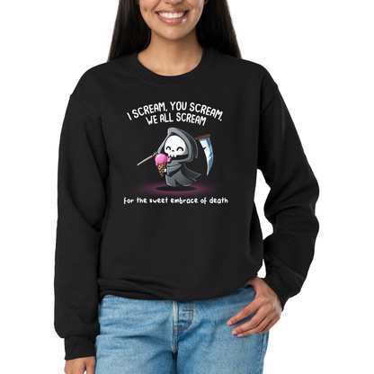 Crew Neck Sweatshirt_TeeTurtle black I Scream, You Scream Crew Neck Sweatshirt featuring a cute grim reaper holding a pink ice cream cone beside a scythe with the text "I Scream, You Scream, We All Scream" and "for the sweet embrace of death."
