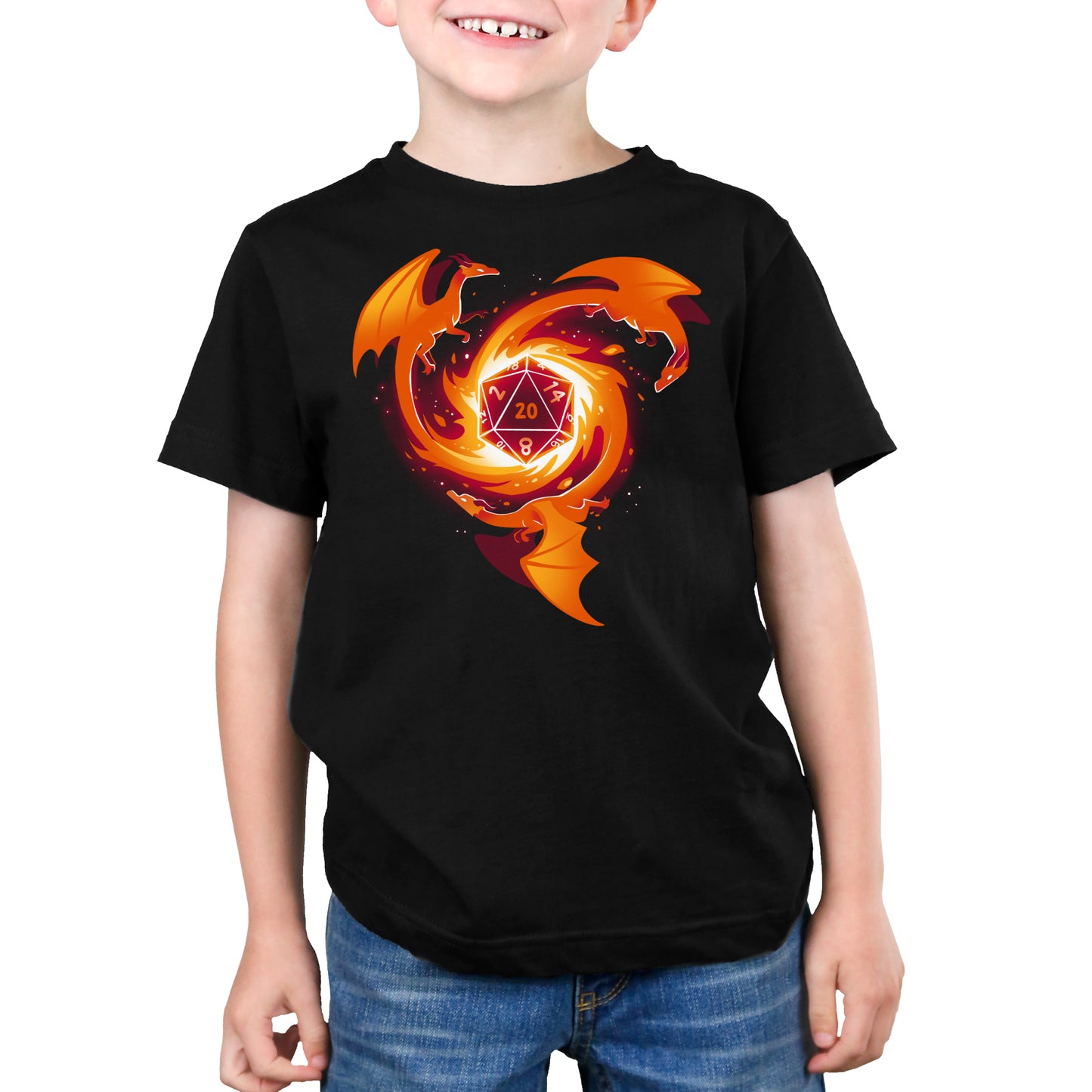 A young boy wearing an TeeTurtle A Dragon Appears t-shirt with a fire heart on it.