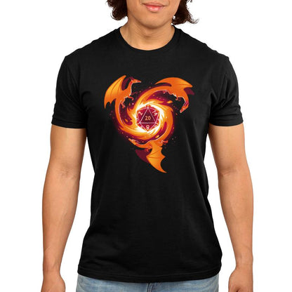 A man wearing a black t-shirt with an orange A Dragon Appears from TeeTurtle on it.