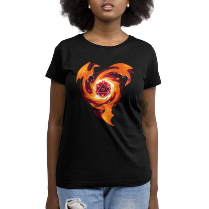 A woman wearing a black T-shirt with an image of A Dragon Appears from TeeTurtle.